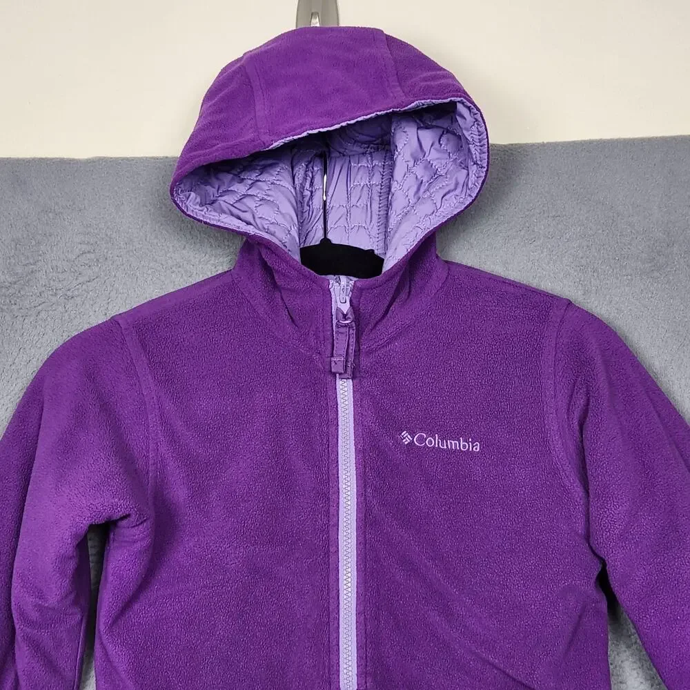 Columbia Jacket Youth 10/12 Purple Reversible Fleece Quilted Hooded Insulated
